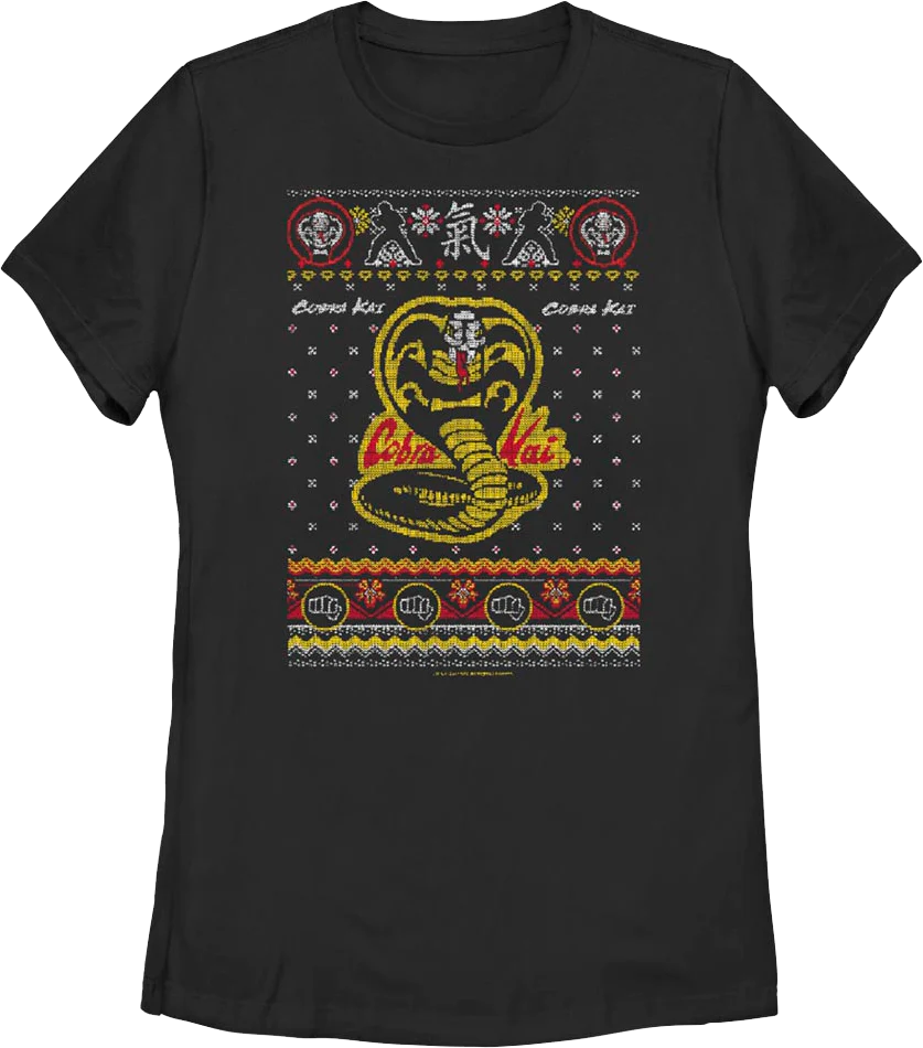 Womens Dojo Logo Faux Ugly Christmas Sweater Cobra Kai Shirt - Image 2