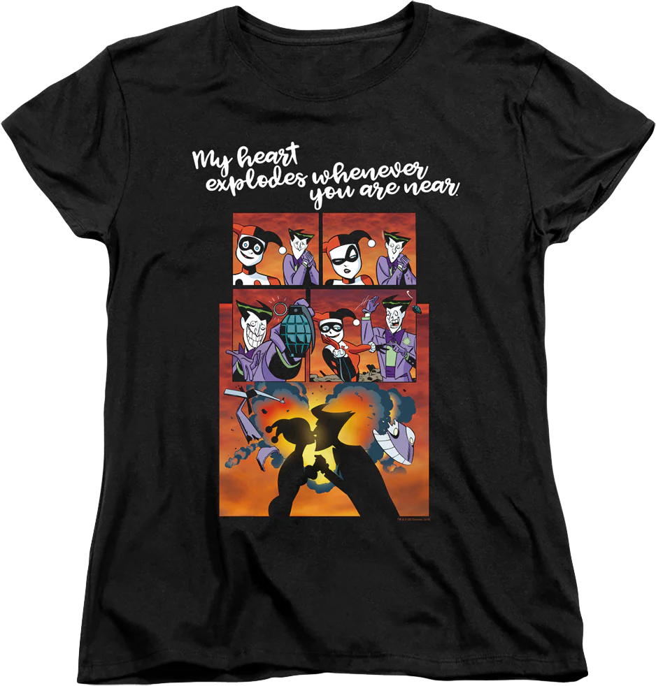 Womens Harley Quinn And The Joker Heart Explodes DC Comics Shirt