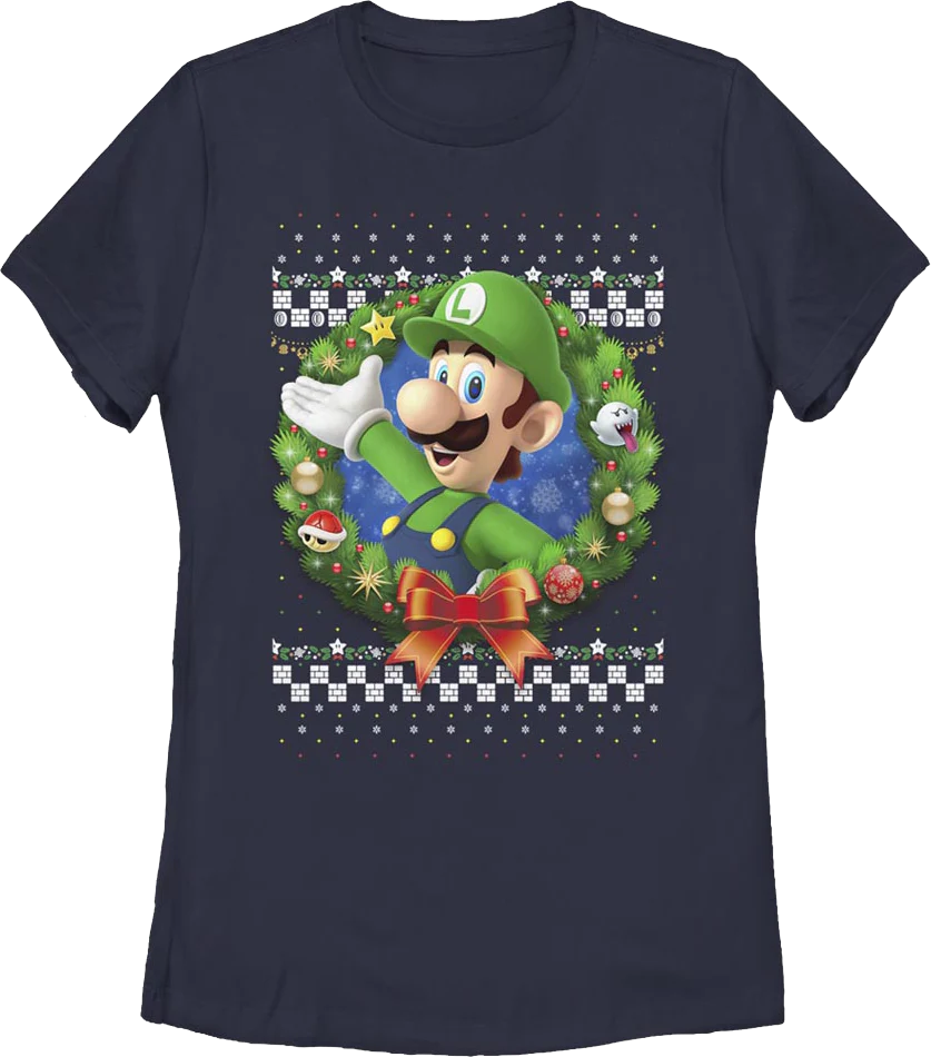 Womens Luigi Faux Ugly Christmas Sweater Nintendo Shirt
