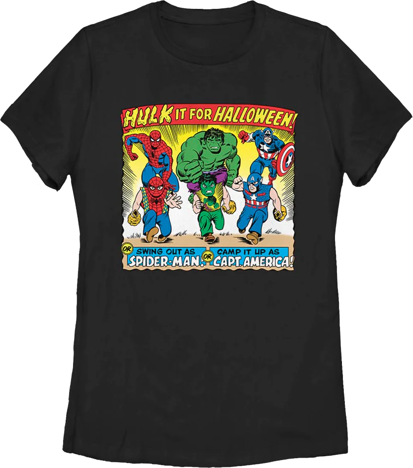 Womens Vintage Avengers Halloween Costumes Ad Marvel Comics Shirt
